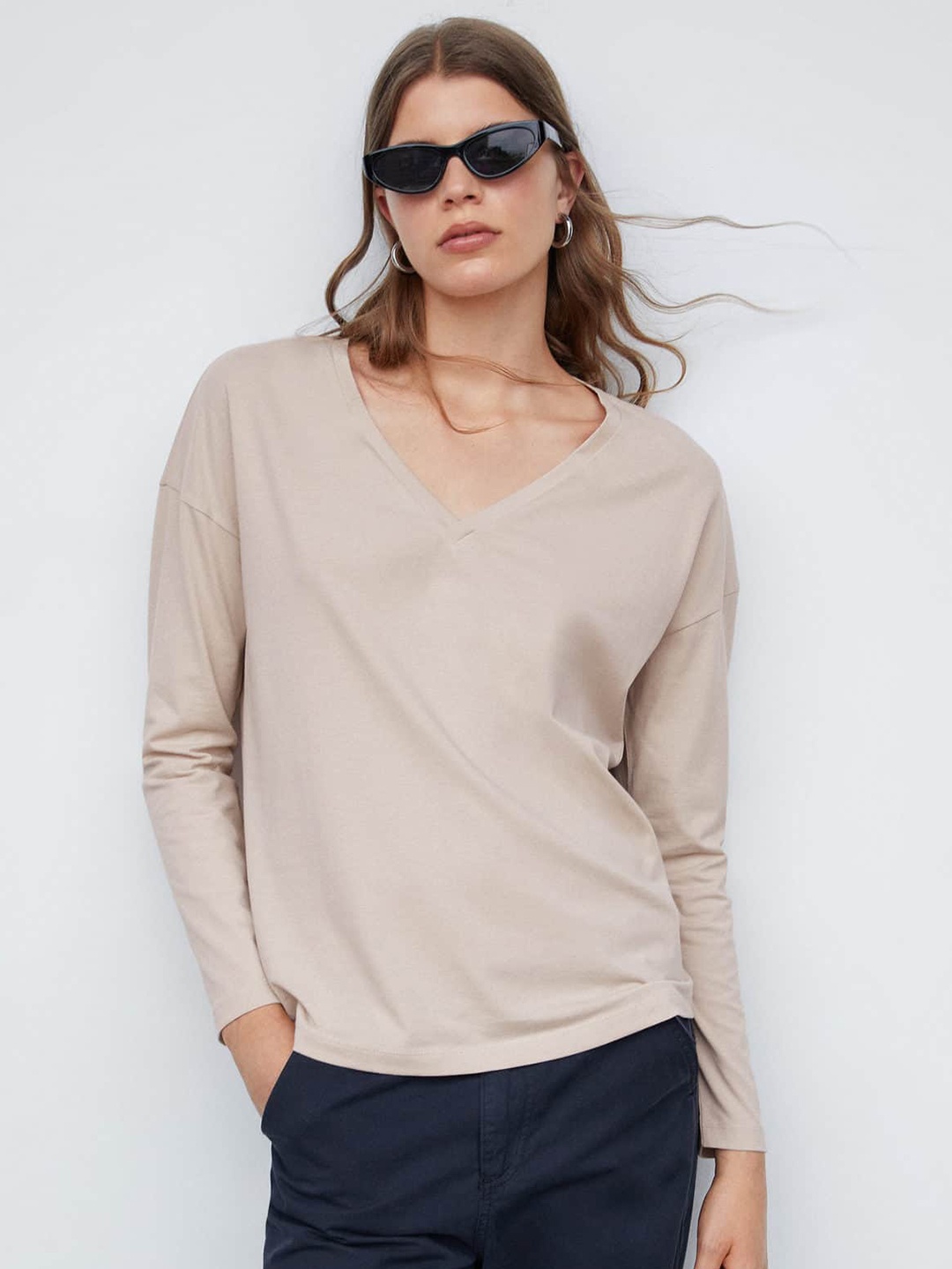 

MANGO V-Neck Drop-Shoulder Sleeves Pure Cotton T-shirt, Beige