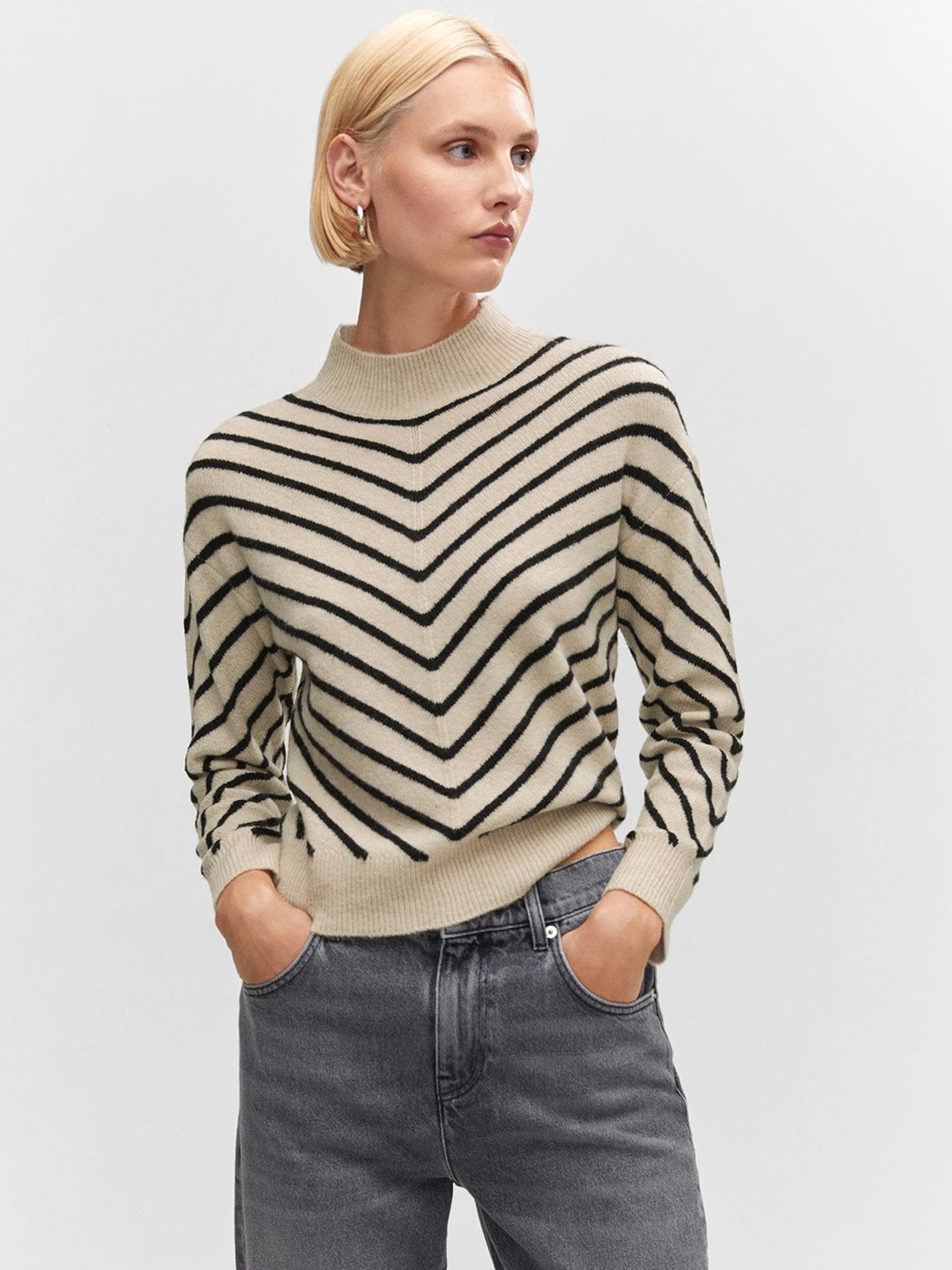 

MANGO High Neck Striped Pullover, Beige