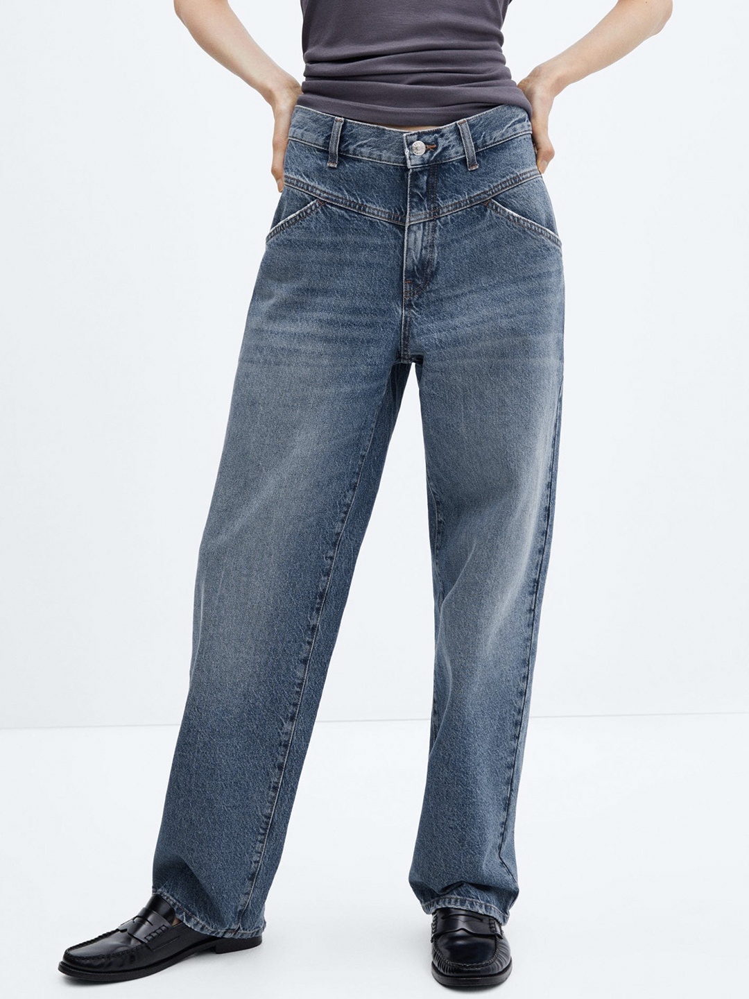 

MANGO Women Wide Leg High-Rise Light Fade Pure Cotton Jeans, Blue