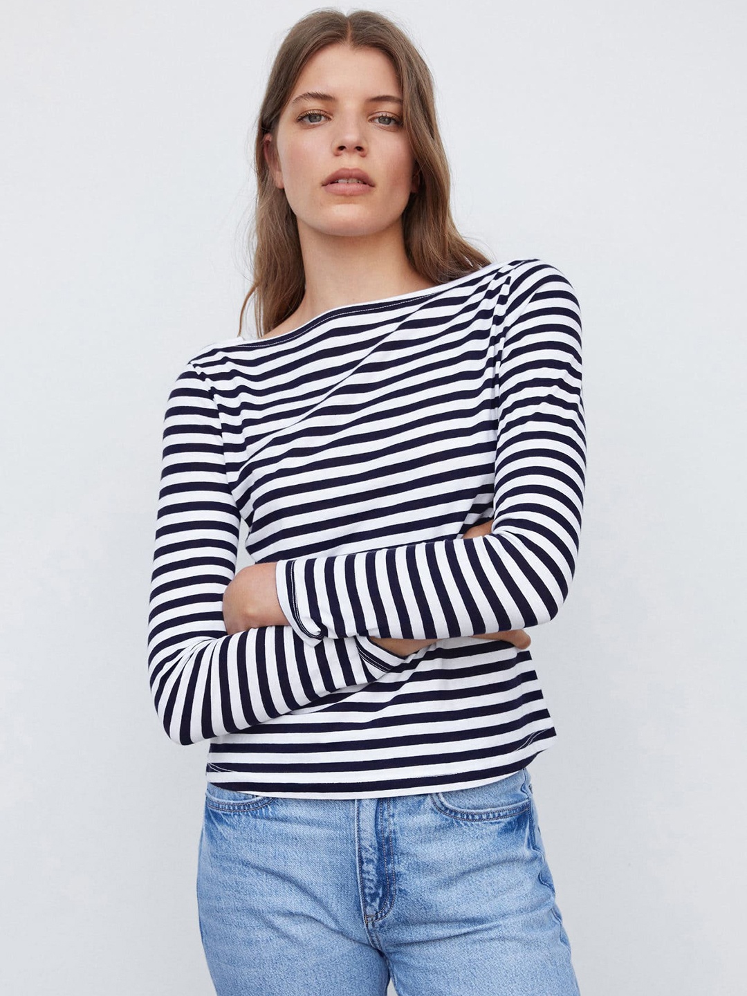 

MANGO Striped Boat Neck Pure Cotton T-shirt, Navy blue