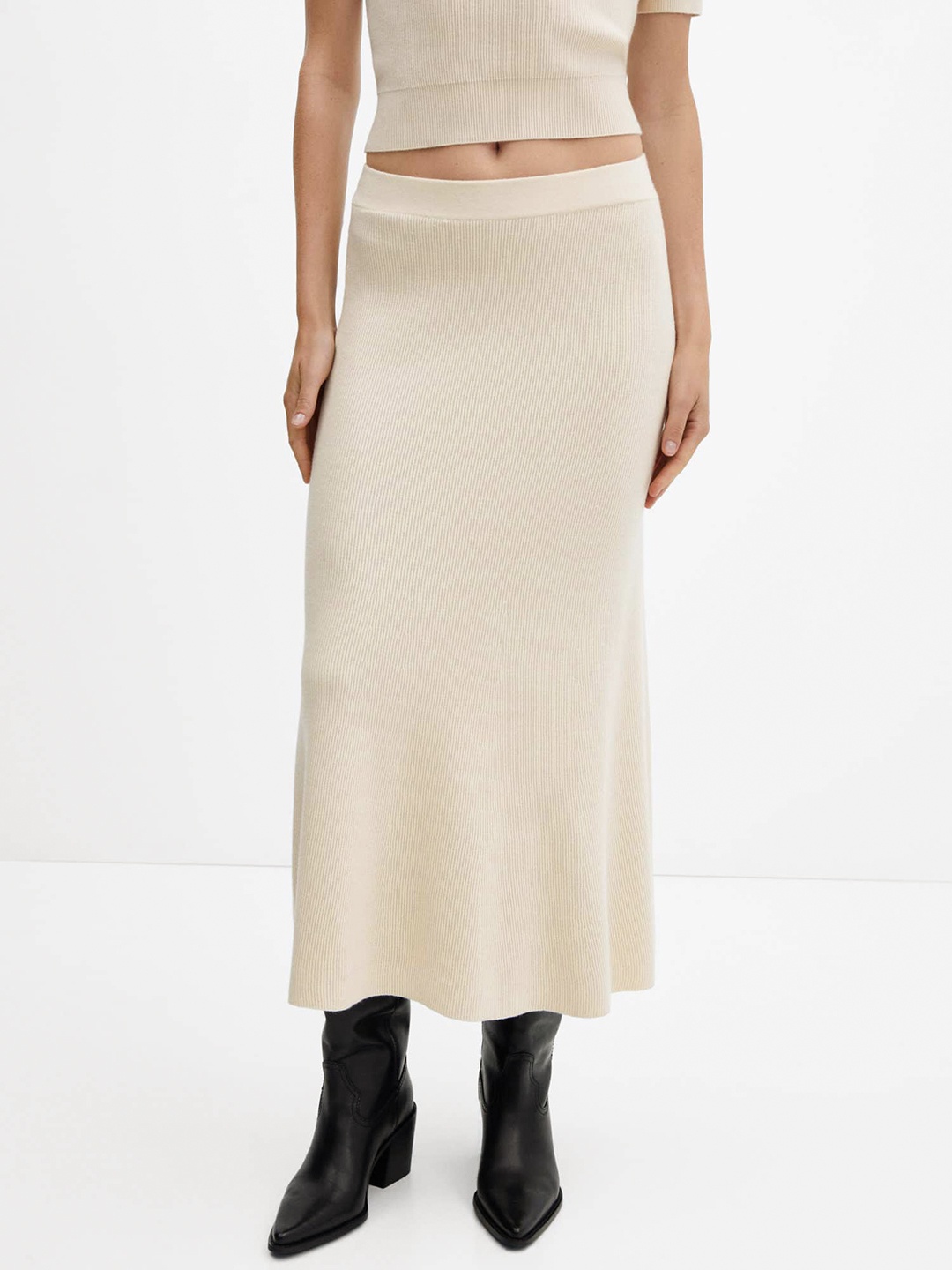 

MANGO Ribbed Knit Midi Skirt, Beige