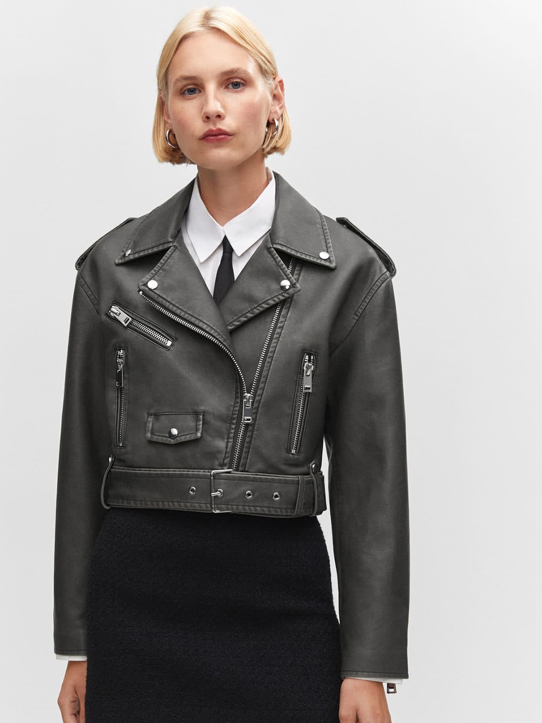 

MANGO Women Solid Biker Jacket, Black