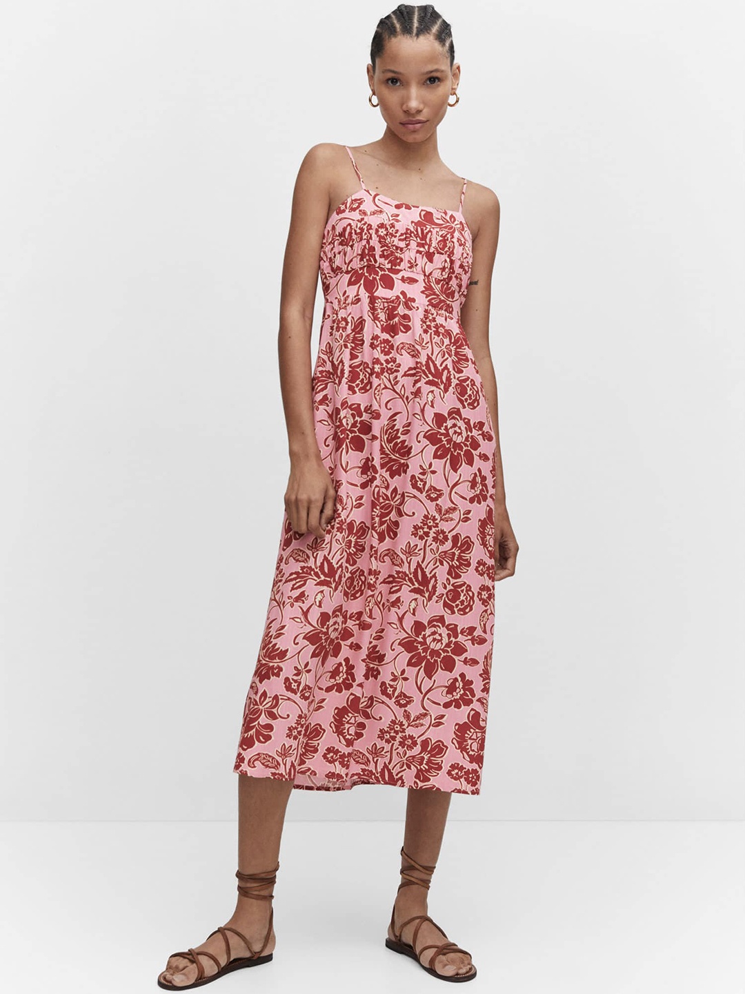 

MANGO Floral Print A-Line Midi Dress, Pink