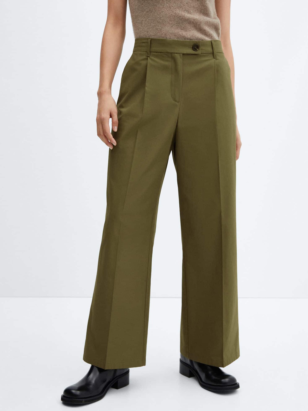

MANGO Women Cotton Wide Leg Pleated Trousers, Olive