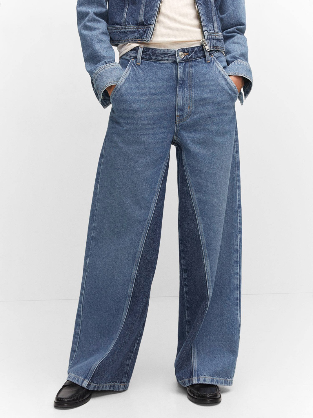 MANGO Women Low-Rise Wide Leg Two Tone Jeans, Navy blue