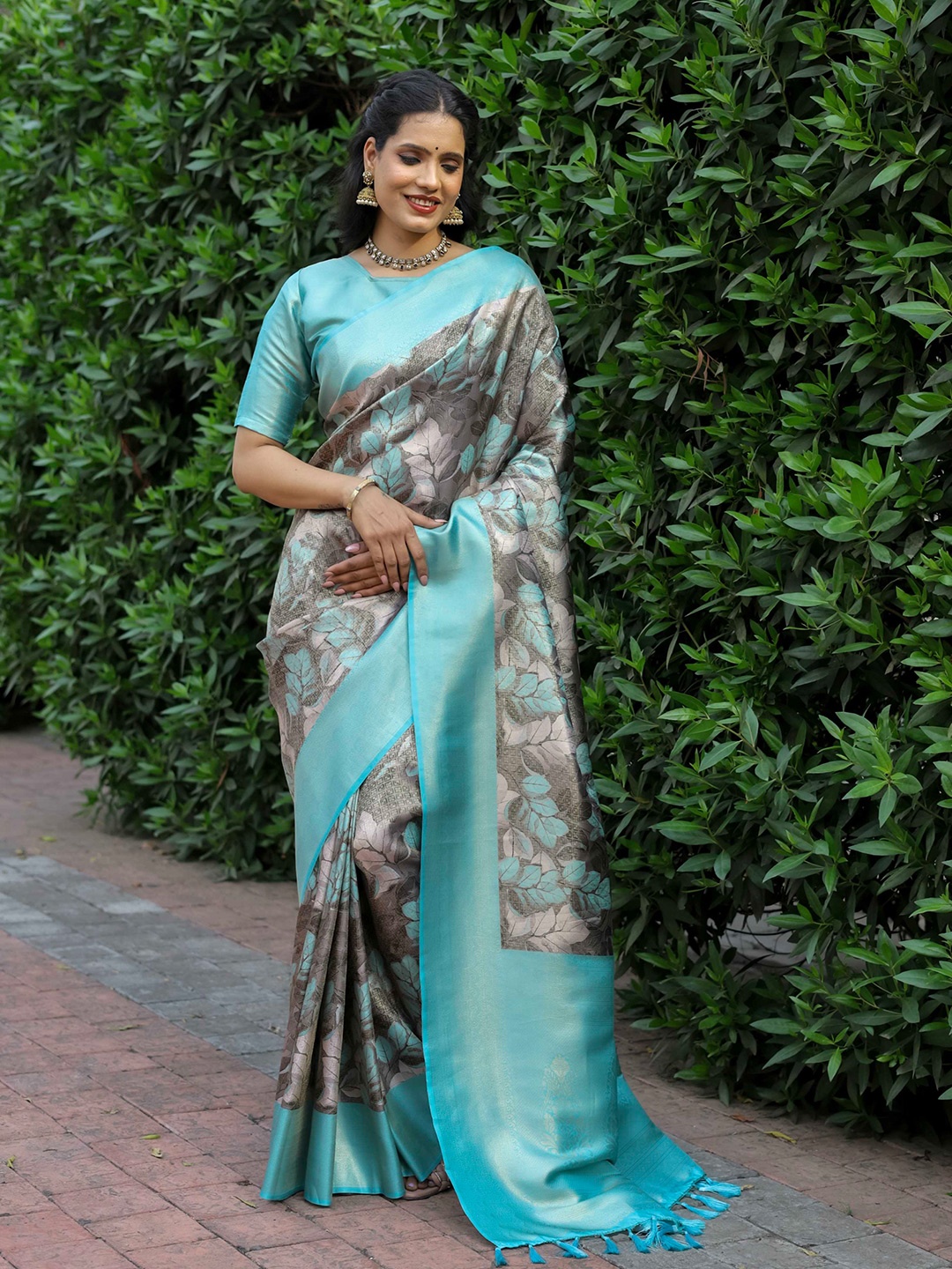 

Mitera Blue & Grey Floral Printed Zari Banarasi Saree