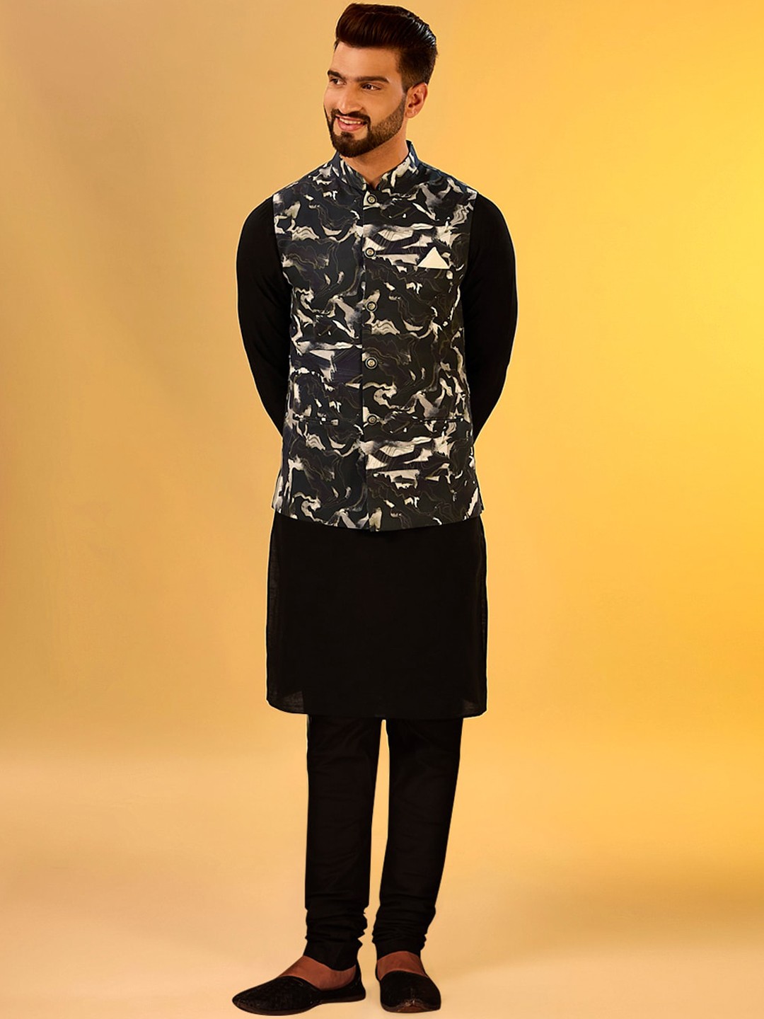 

KISAH Mandarin Collar Straight Kurta with Churidar & Nehru jacket, Black