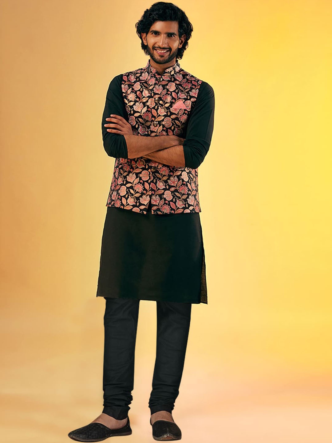 

KISAH Mandarin Collar Straight Kurta with Churidar & Woven Design Nehru jacket, Black