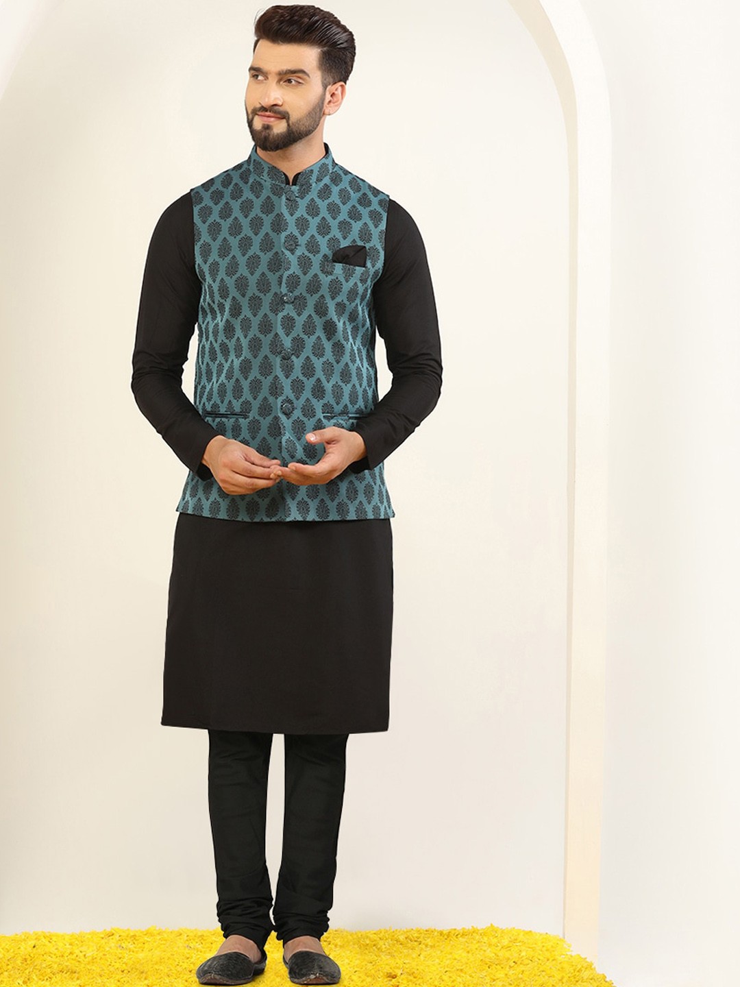 

KISAH Ethnic Motifs Woven Design Kurta With Churidar & Nehru jacket, Blue