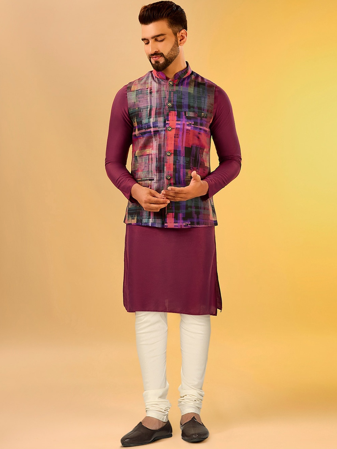 

KISAH Mandarin Collar Kurta And Churidar With Nehru jacket, Maroon