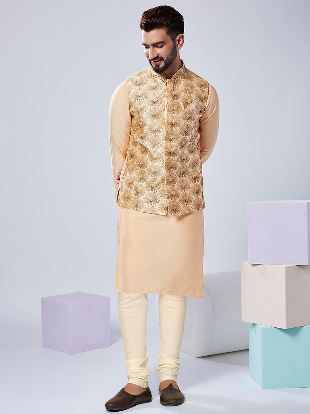 

KISAH Mandarin Collar Regular Kurta With Churidar & Nehru Jacket, Peach