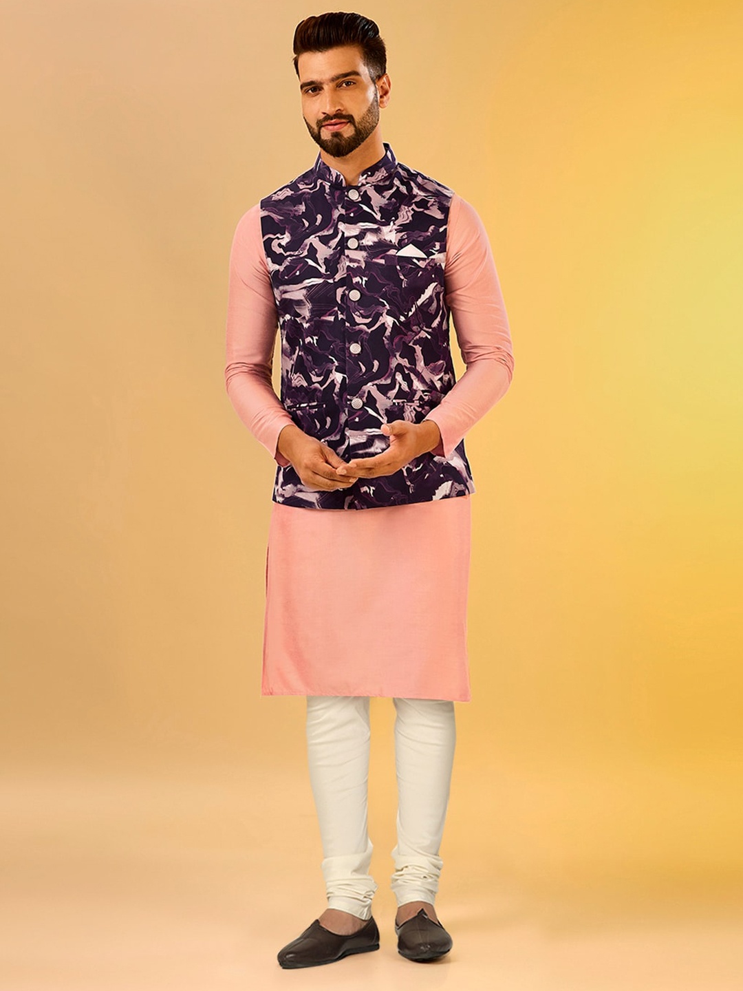 

KISAH Mandarin Collar Regular Kurta With Churidar & Nehru Jacket, Burgundy