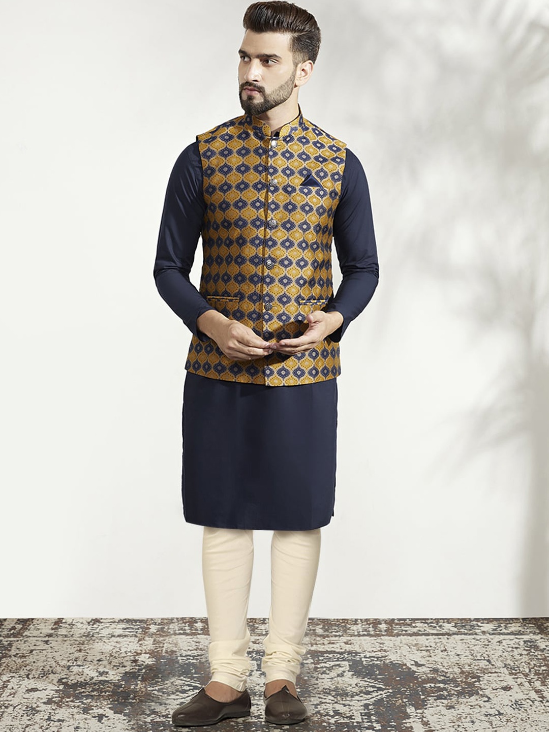 

KISAH Mandarin Collar Regular Kurta With Churidar & Nehru Jacket, Mustard
