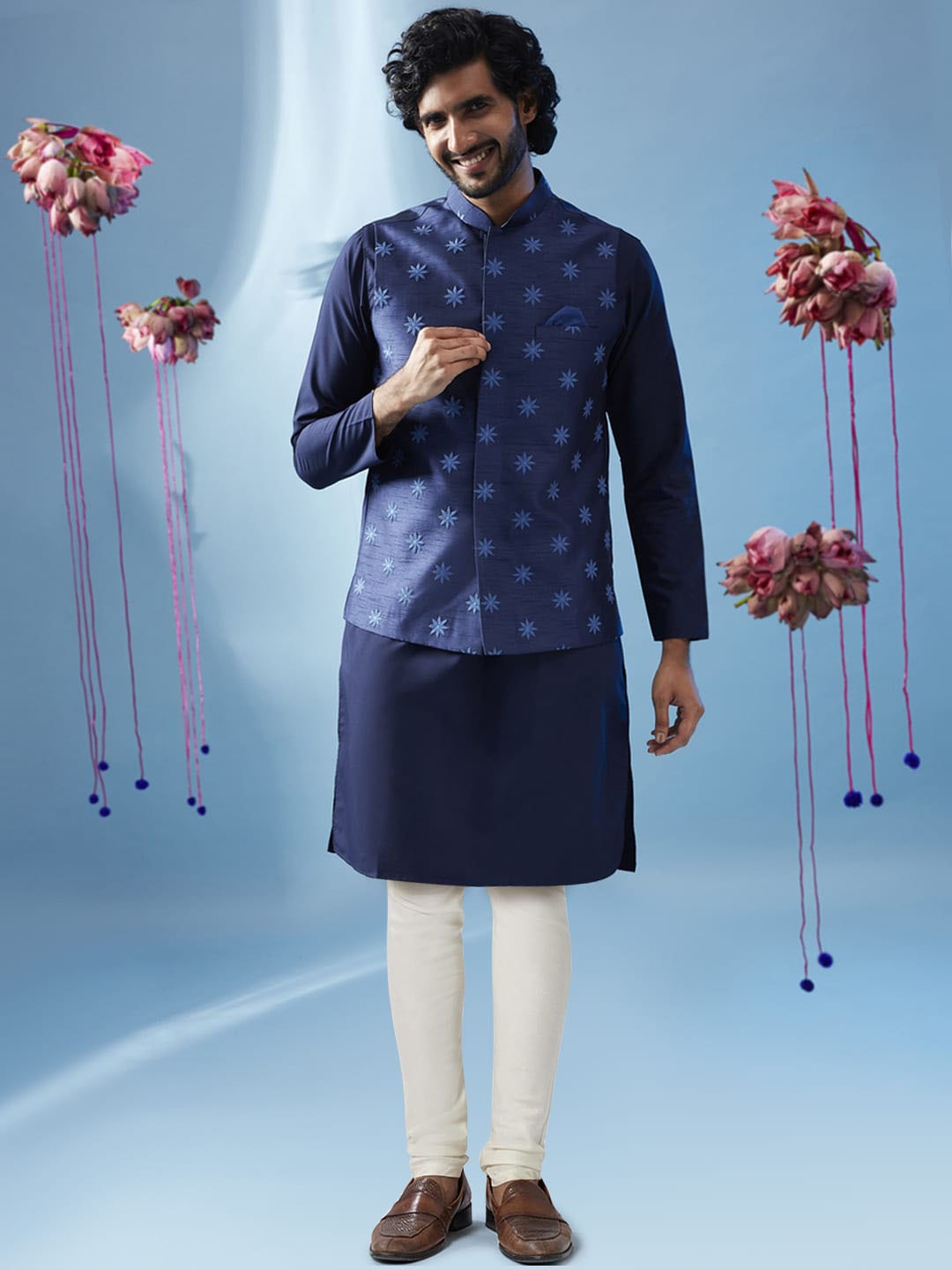 

KISAH Mandarin Collar Regular Kurta With Churidar & Nehru Jacket, Navy blue