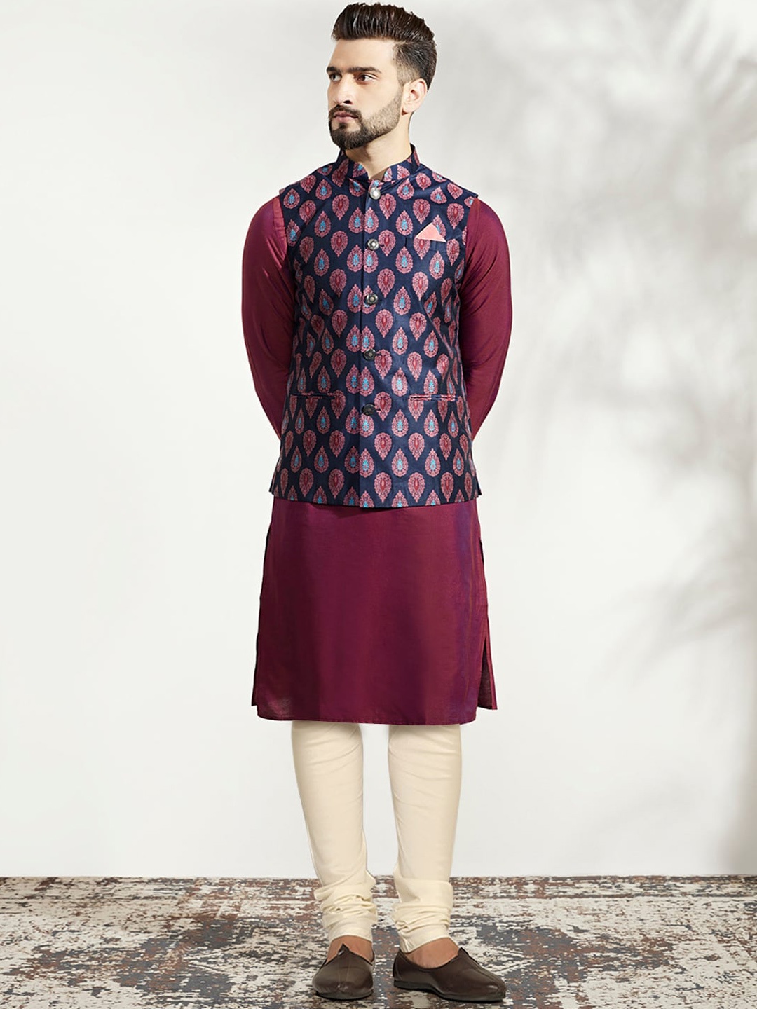 

KISAH Mandarin Collar Kurta And Churidar With Woven Design Nehru jacket, Blue