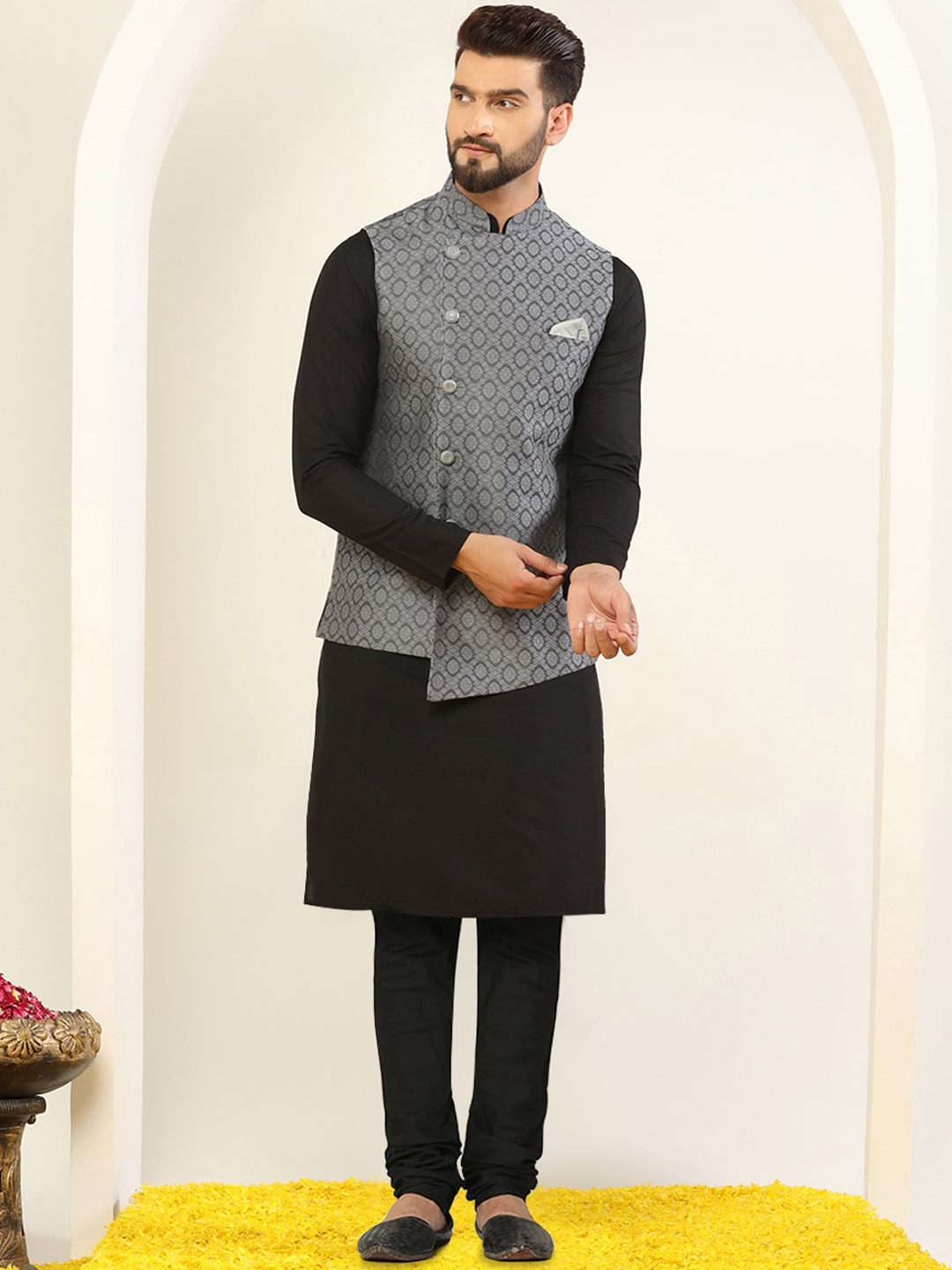 

KISAH Ethnic Motifs Woven Design Kurta With Churidar & Nehru jacket, Grey