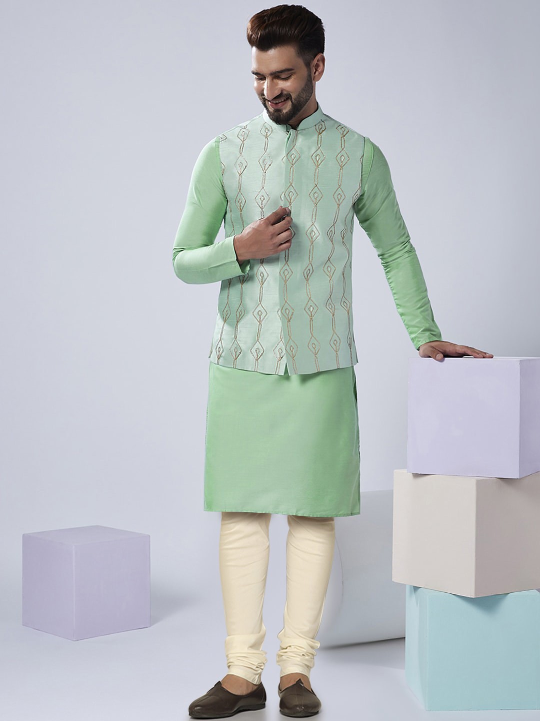 

KISAH Geometric Embroidered Kurta With Churidar & Nehru jacket, Sea green