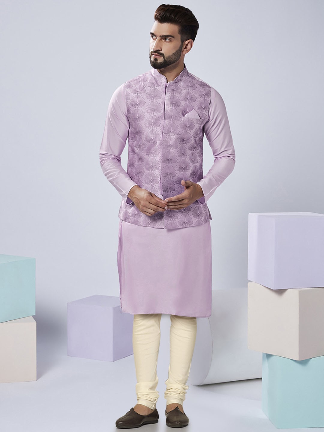 

KISAH Ethnic Motifs Printed Kurta With Churidar & Nehru jacket, Lavender