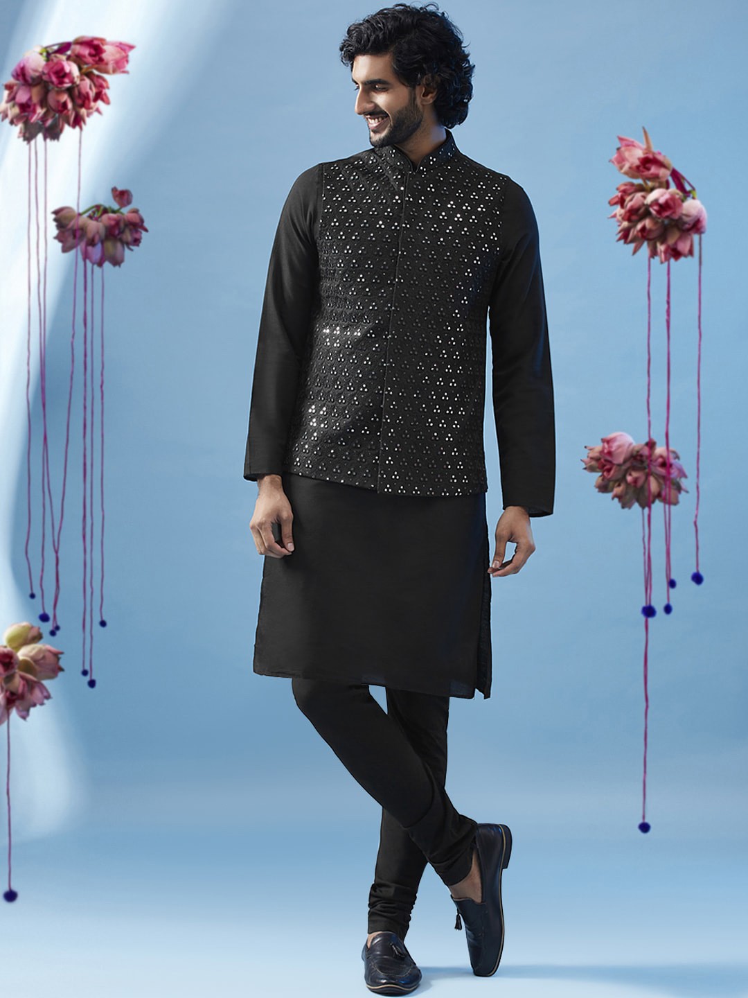 

KISAH Geometric Embroidered Mirror Work Kurta With Churidar & Nehru jacket, Black