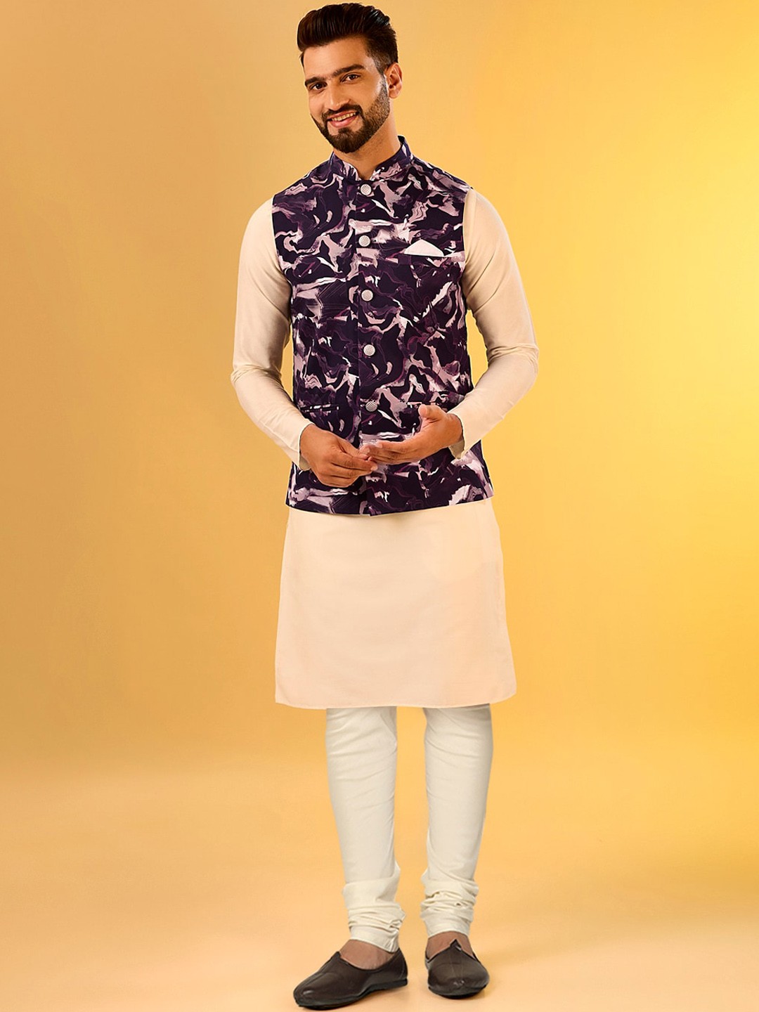 

KISAH Mandarin Collar Kurta With Churidar & Nehru jacket, Burgundy