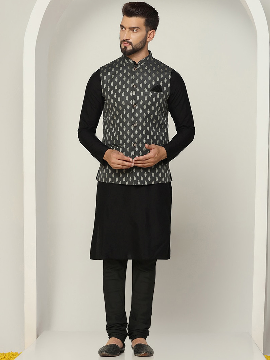 

KISAH Mandarin Collar Kurta with Churidar & Nehru Jacket, Black