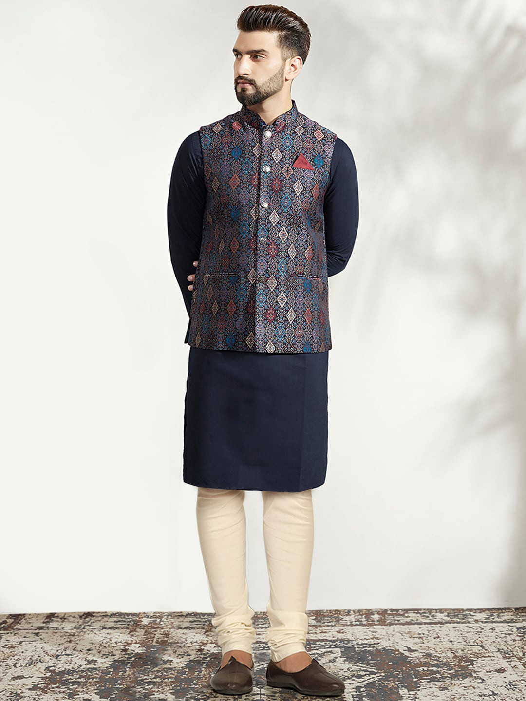 

KISAH Mandarin Collar Kurta with Churidar & Nehru Jacket, Navy blue
