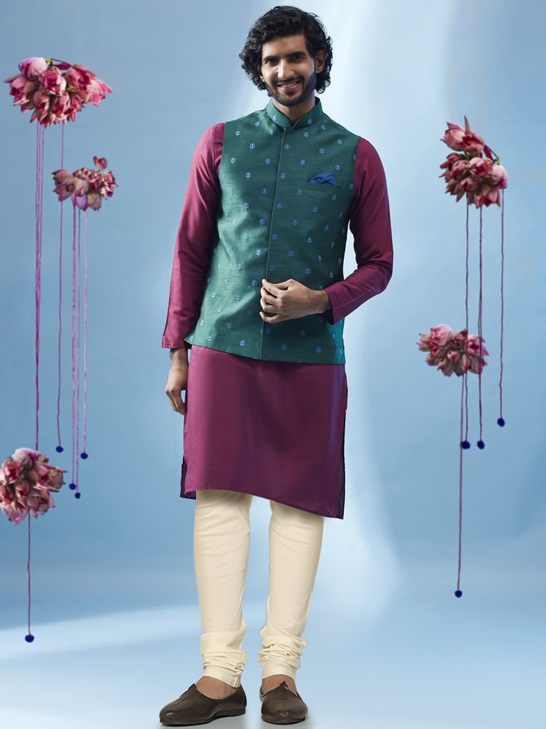 

KISAH Mandarin Collar Kurta with Churidar & Nehru Jacket, Green