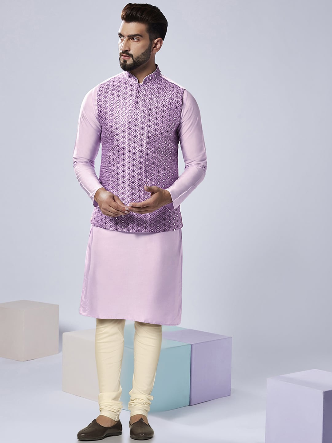 

KISAH Straight Kurta With Churidar & Nehru jacket, Lavender