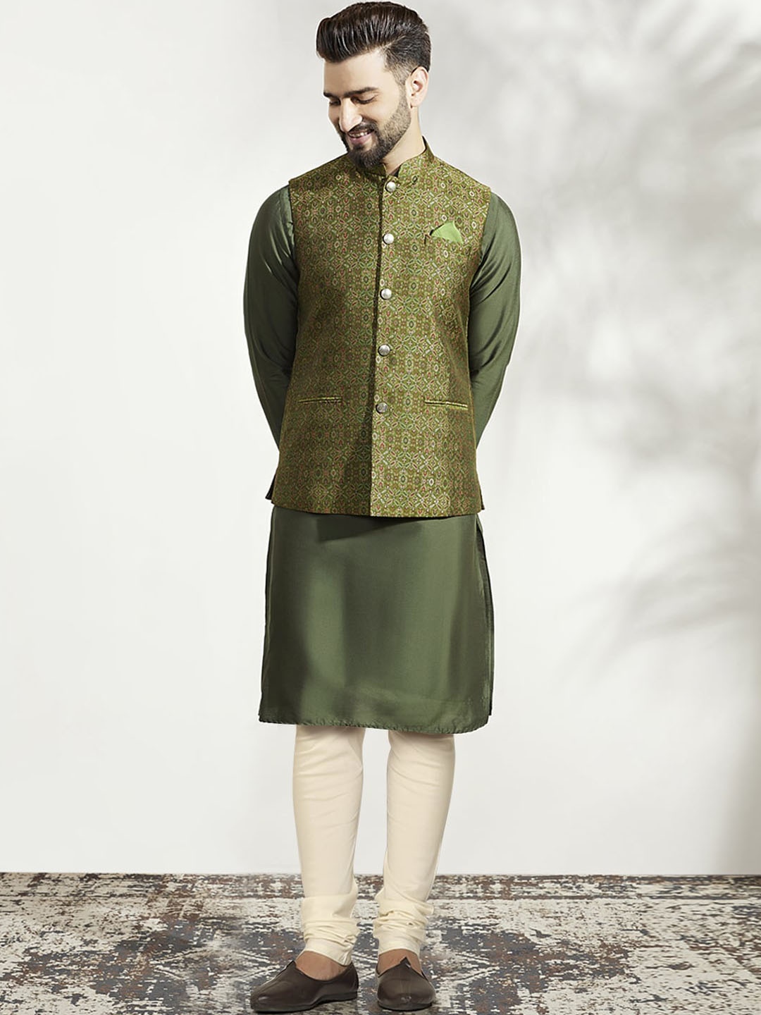 

KISAH Mandarin Collar Kurta with Churidar & Nehru Jacket Set, Olive