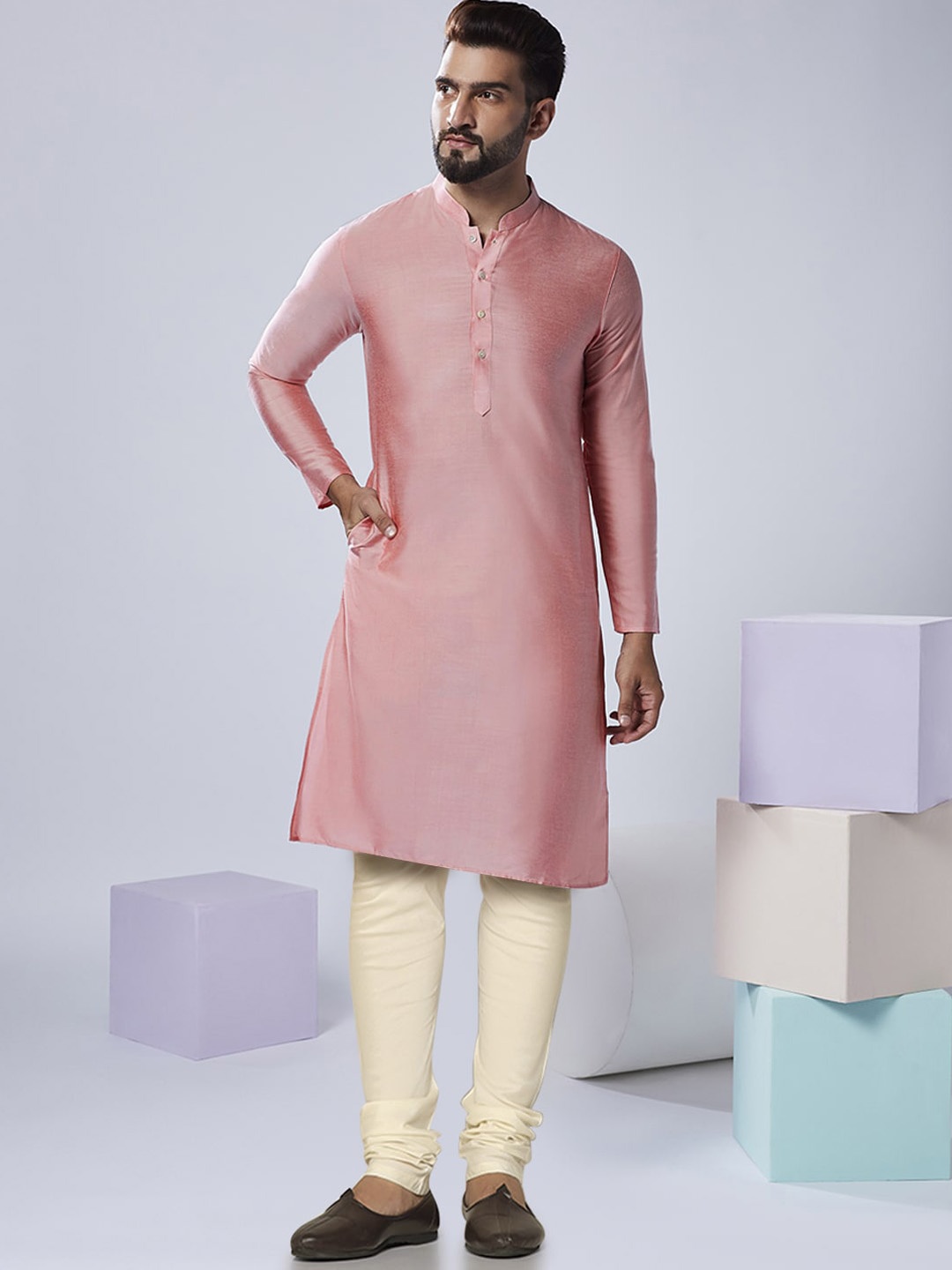 KISAH Mandarin Collar Kurta with Churidar & Nehru Jacket, Pink
