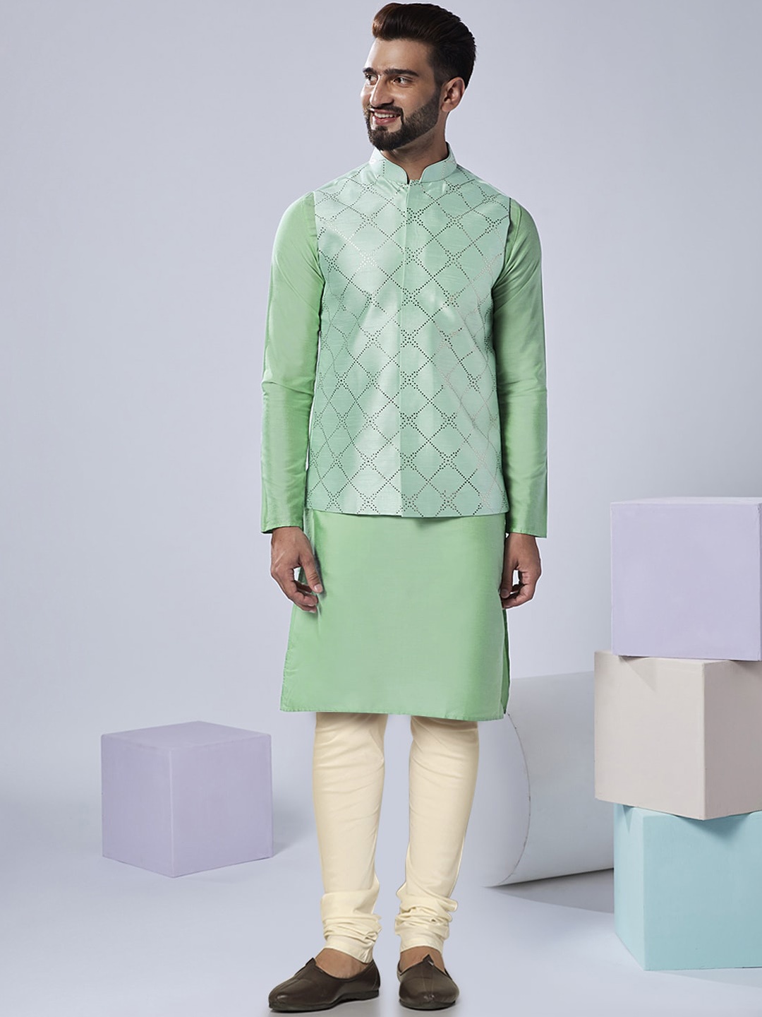 

KISAH Mandarin Collar Kurta And Churidar With Nehru jacket, Sea green