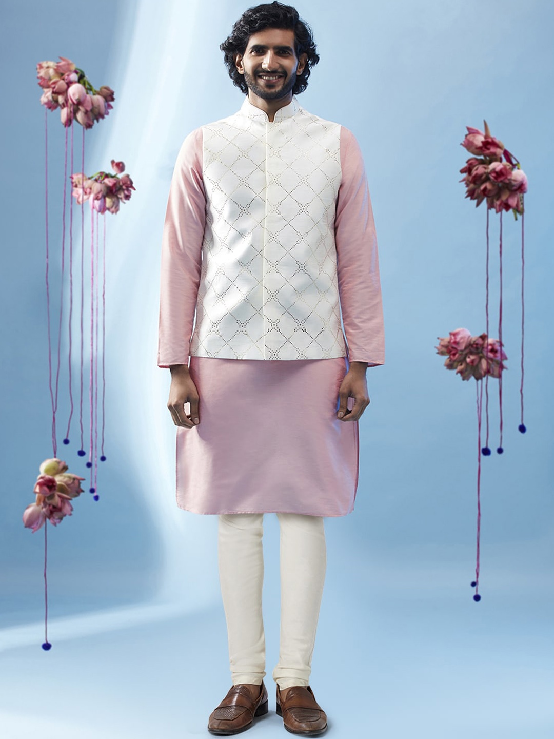 

KISAH Mandarin Collar Kurta with Churidar & Nehru Jacket, White