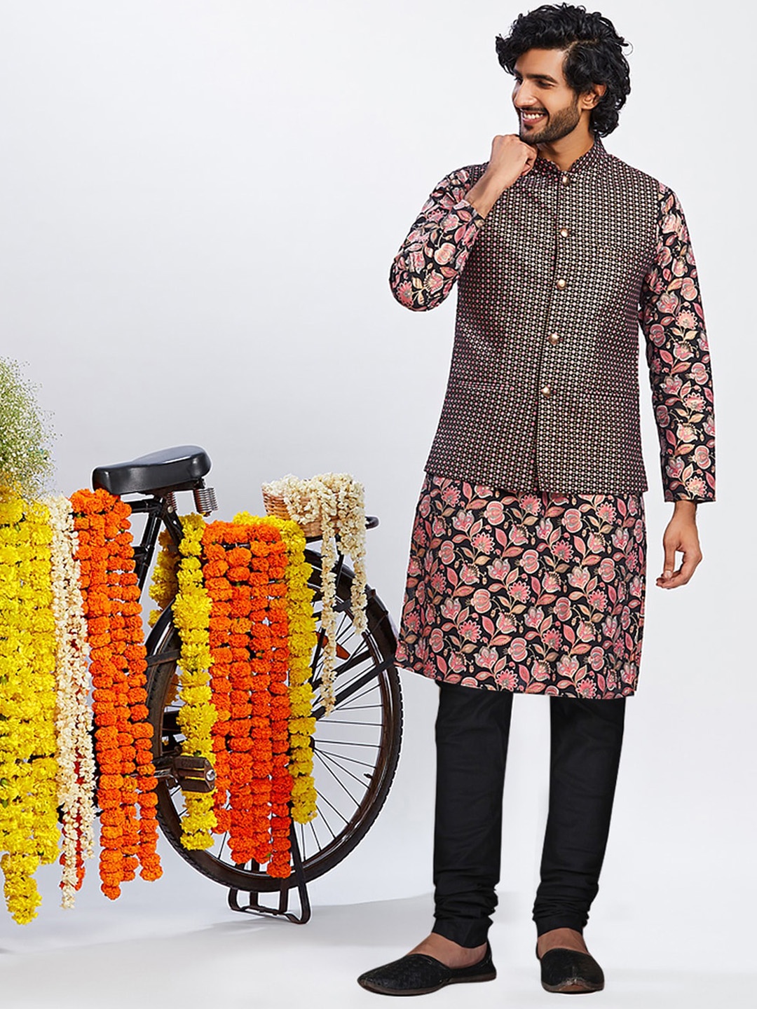 

KISAH Floral Printed Mandarin Collar Pure Cotton Kurta with Churidar & Nehru Jacket, Black
