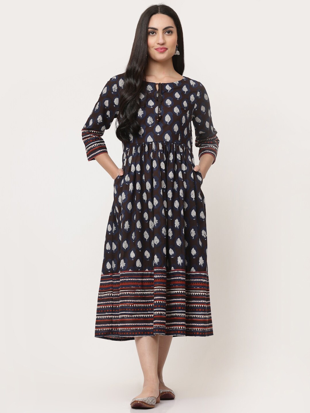 

SAVI Ethnic Motifs Print Fit & Flare Cotton Midi Dress, Black