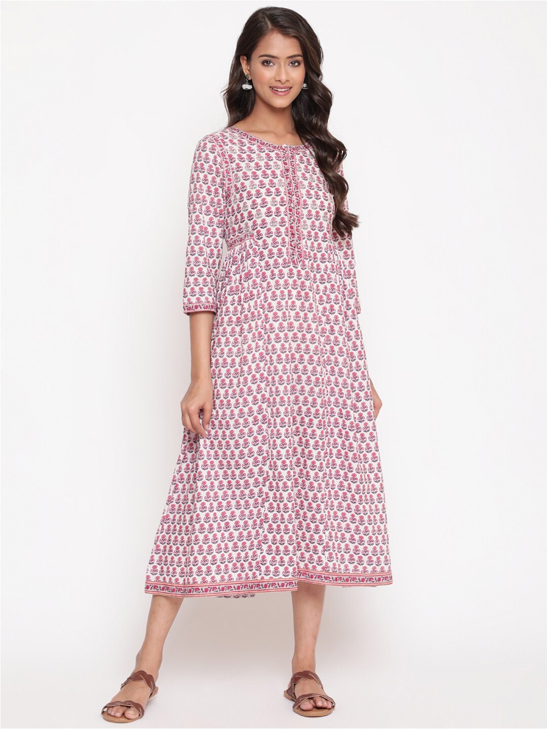 

SAVI Ethnic Motifs Printed Cotton A-Line Midi Dress, Pink