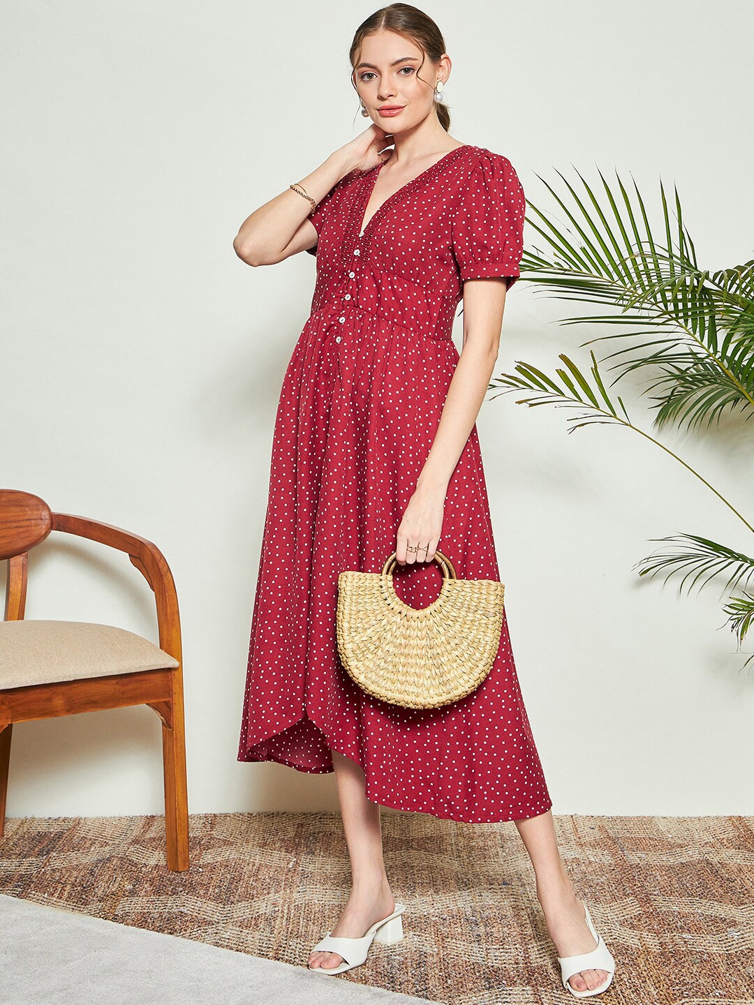 

KASSUALLY Polka Dots Printed V-Neck A-Line Midi Dress, Maroon