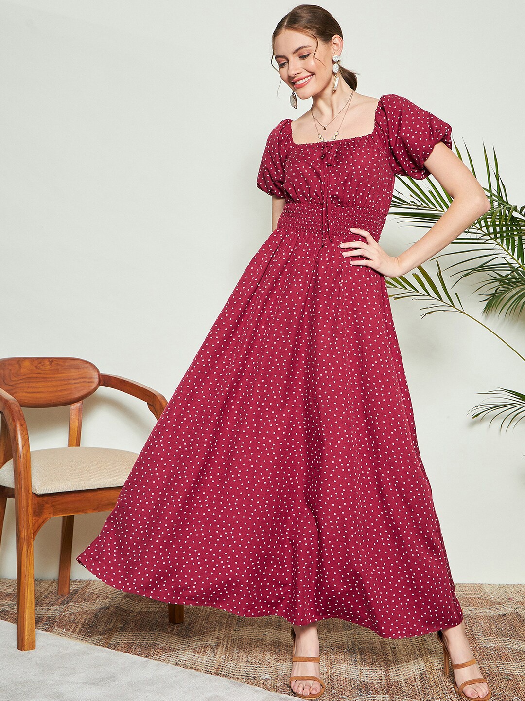 

KASSUALLY Polka Dot Printed Puff Sleeves Smocked Maxi Dress, Maroon
