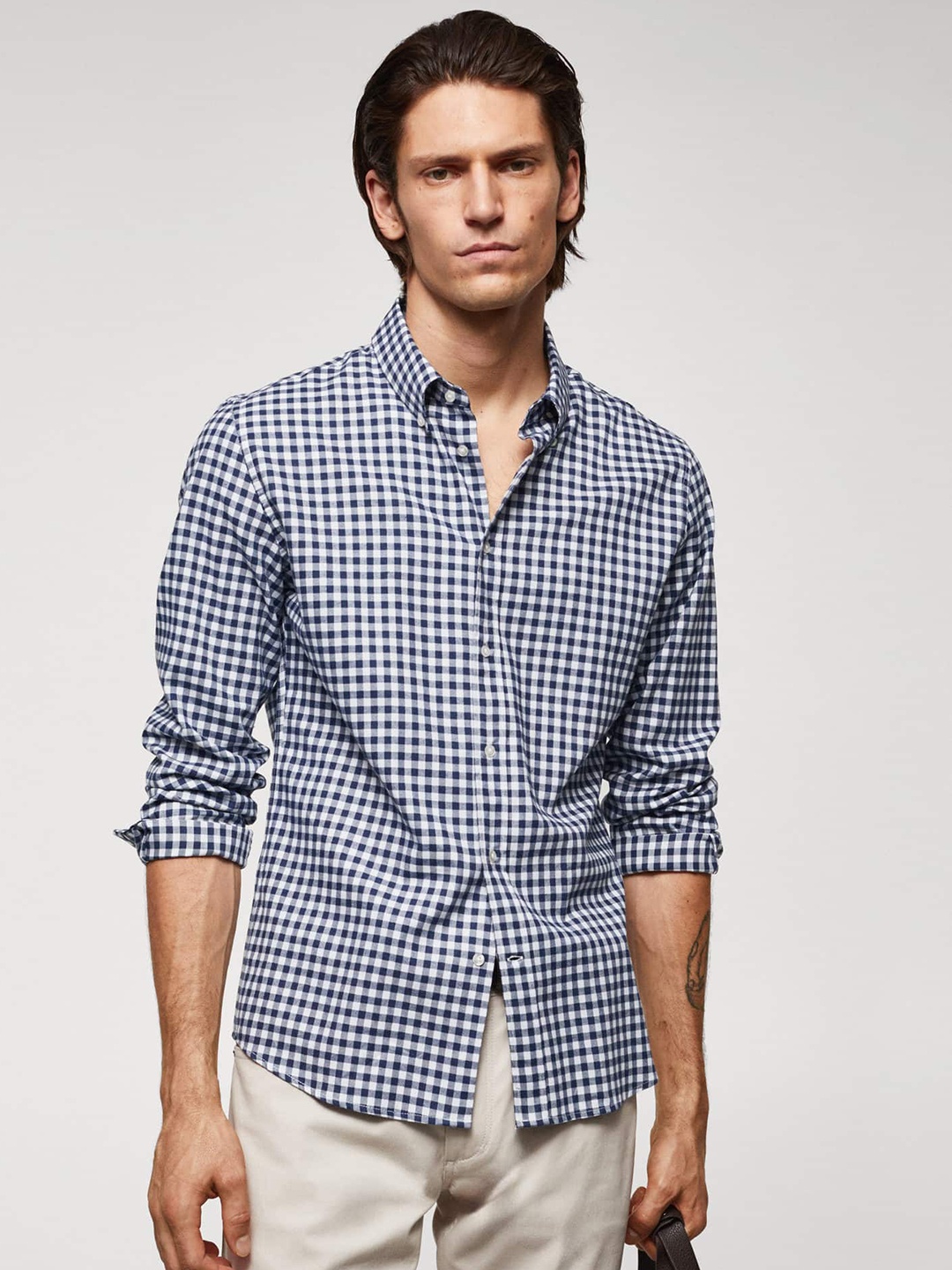 

MANGO MAN Gingham Checked Cotton Casual Shirt, Blue