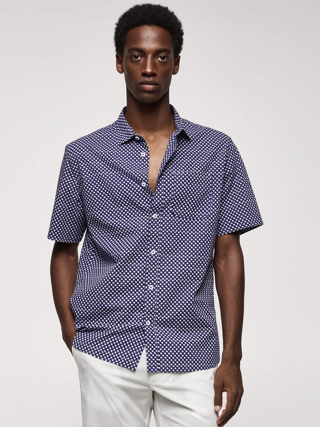 

MANGO MAN Printed Pure Cotton Shirt, Navy blue