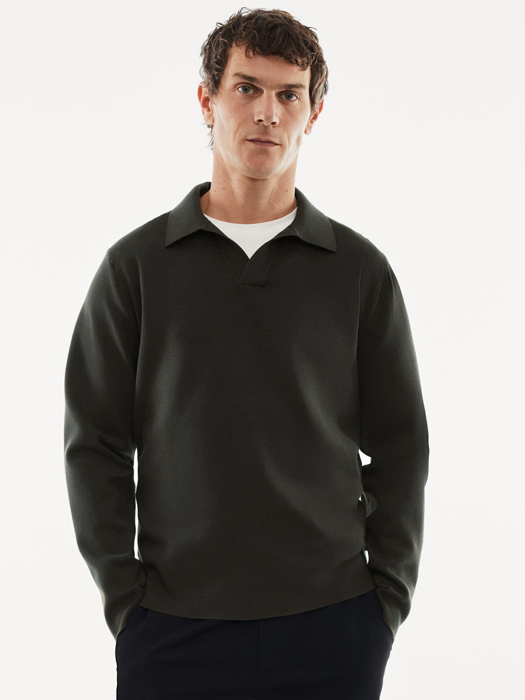 

MANGO MAN Solid Polo Collar Pullover, Olive