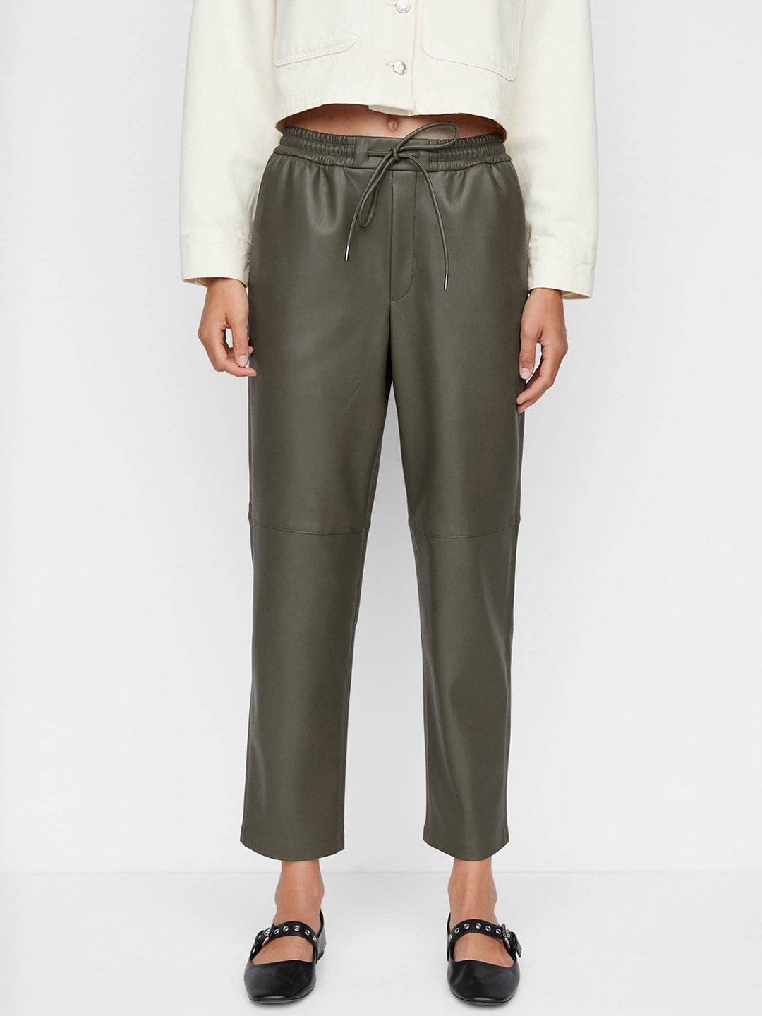 

MANGO Women Faux leather Trousers, Khaki