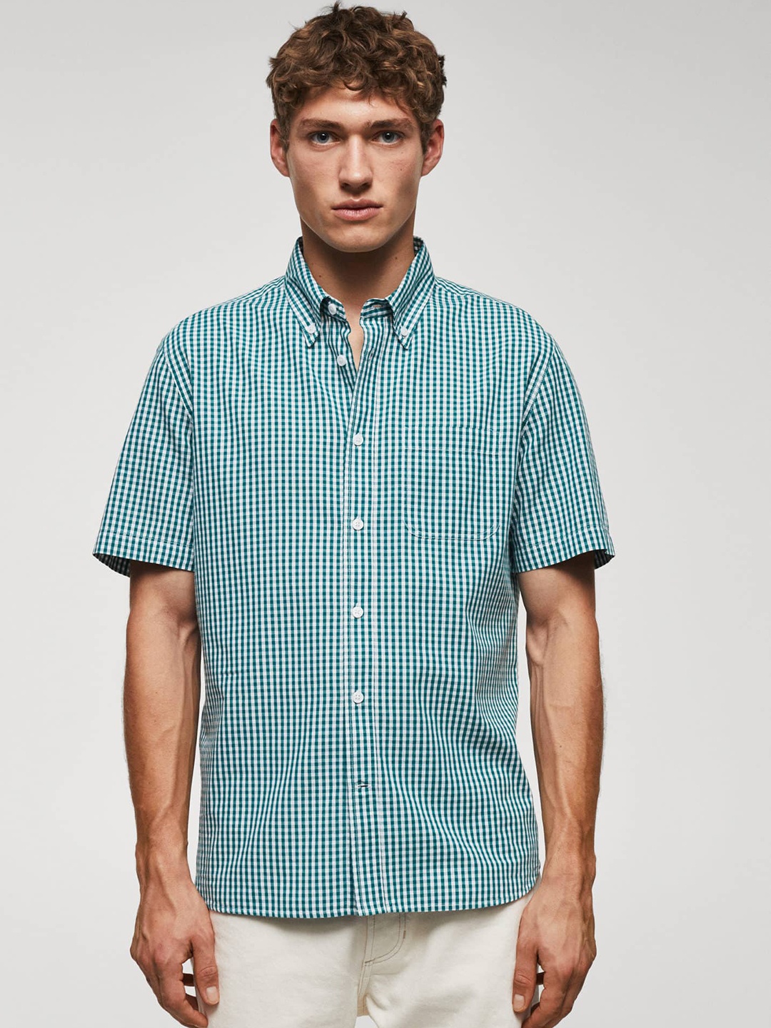 

MANGO MAN Gingham Checked Cotton Casual Shirt, Green