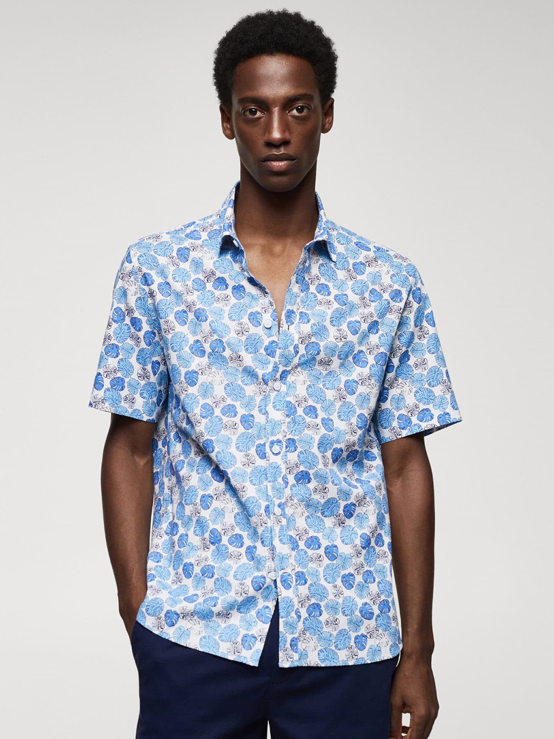 

MANGO MAN Tropical Print Cotton Linen Shirt, White