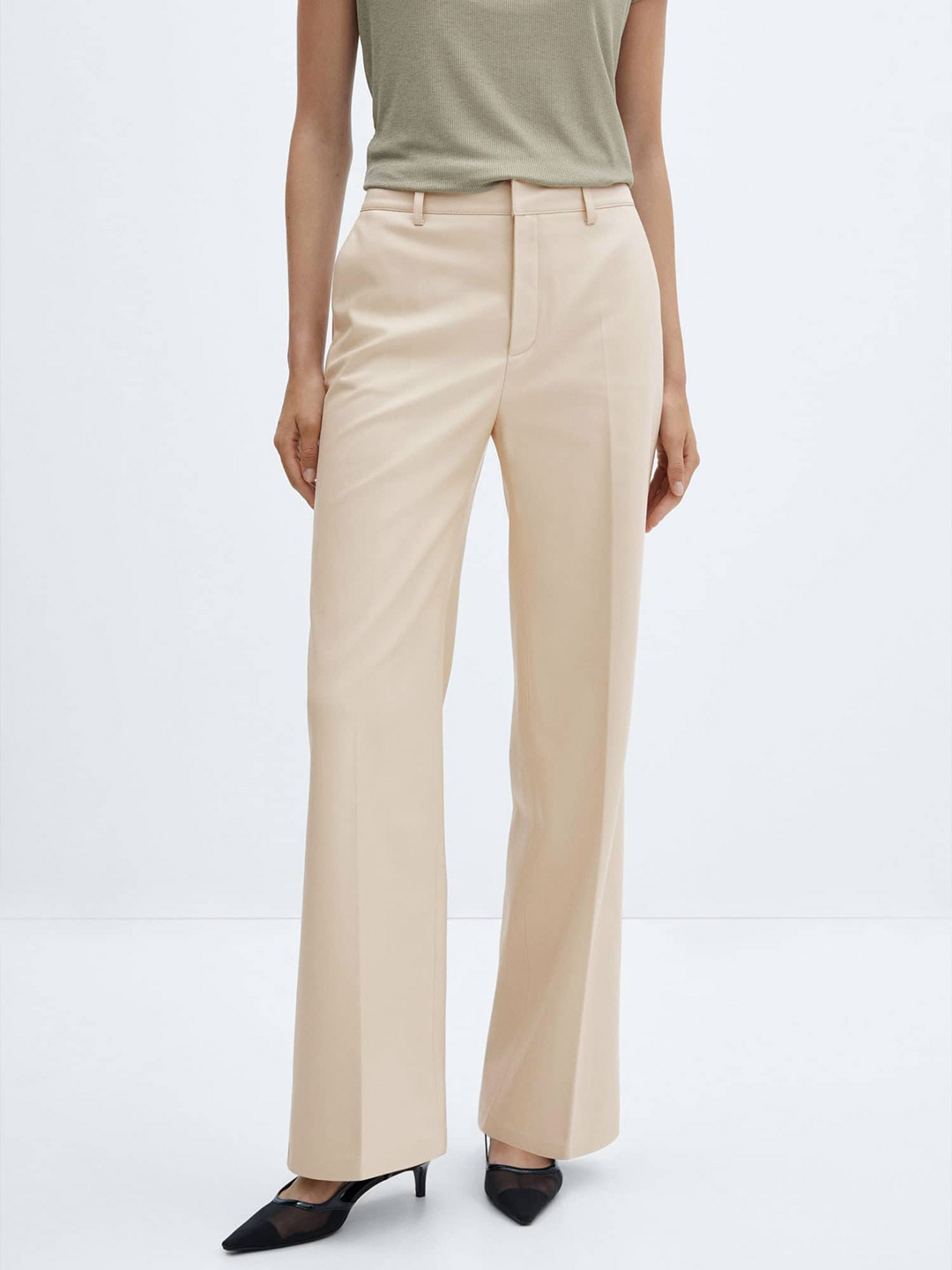 

MANGO Women Wide Leg Faux Leather Trousers, Cream