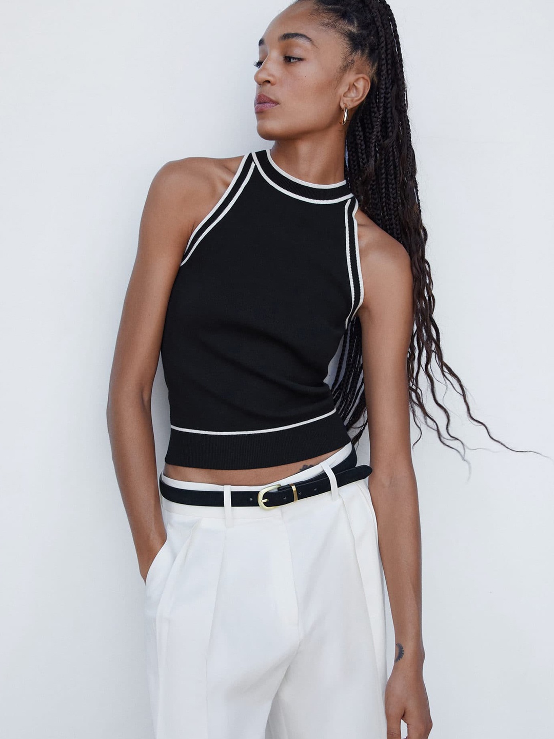 

MANGO Contrast Detail Knitted Crop Top, Black