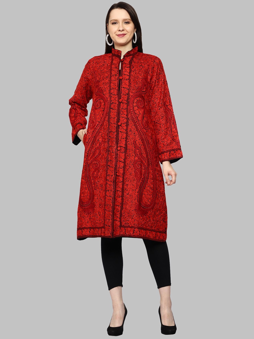 

CRAFTBAZAR Floral Embroidered Woolen Longline Tailored Jacket, Red