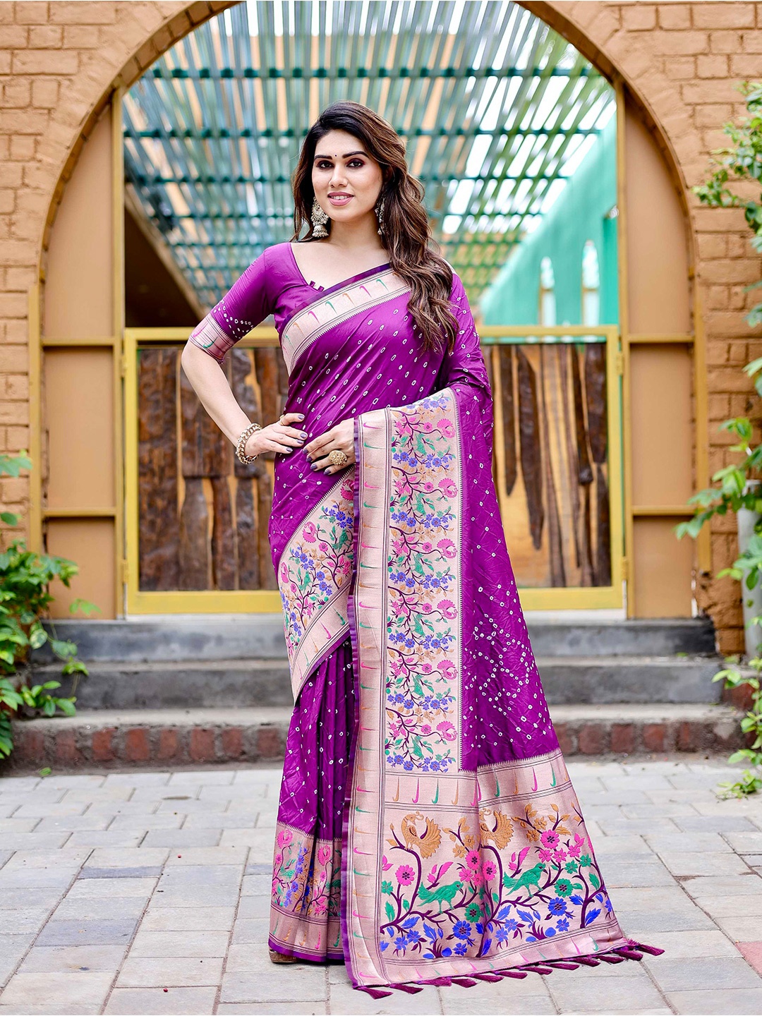 

Mitera Purple & White Ethnic Motifs Woven Design Zari Paithani Saree