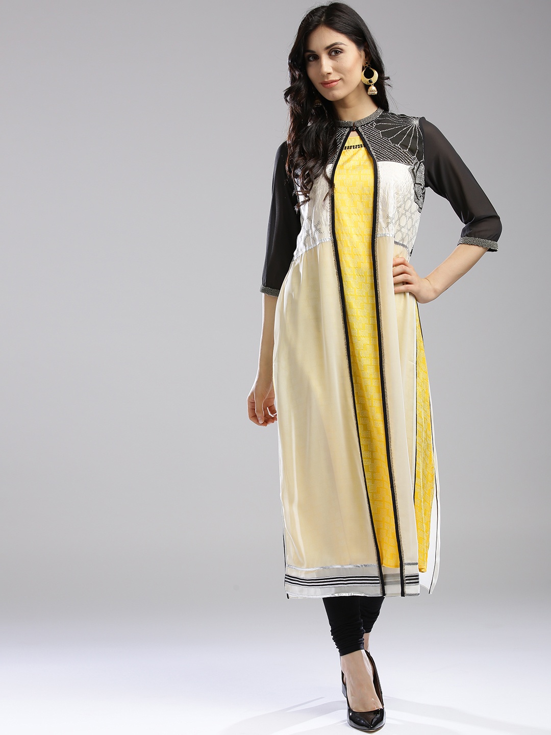 

WISHFUL by W Women YelloWISHFUL by W & White Printed Layered A-Line Kurta, Yellow