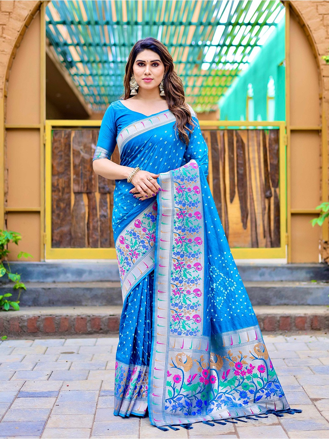 

Mitera Ethnic Motifs Woven Design Zari Paithani Saree, Blue