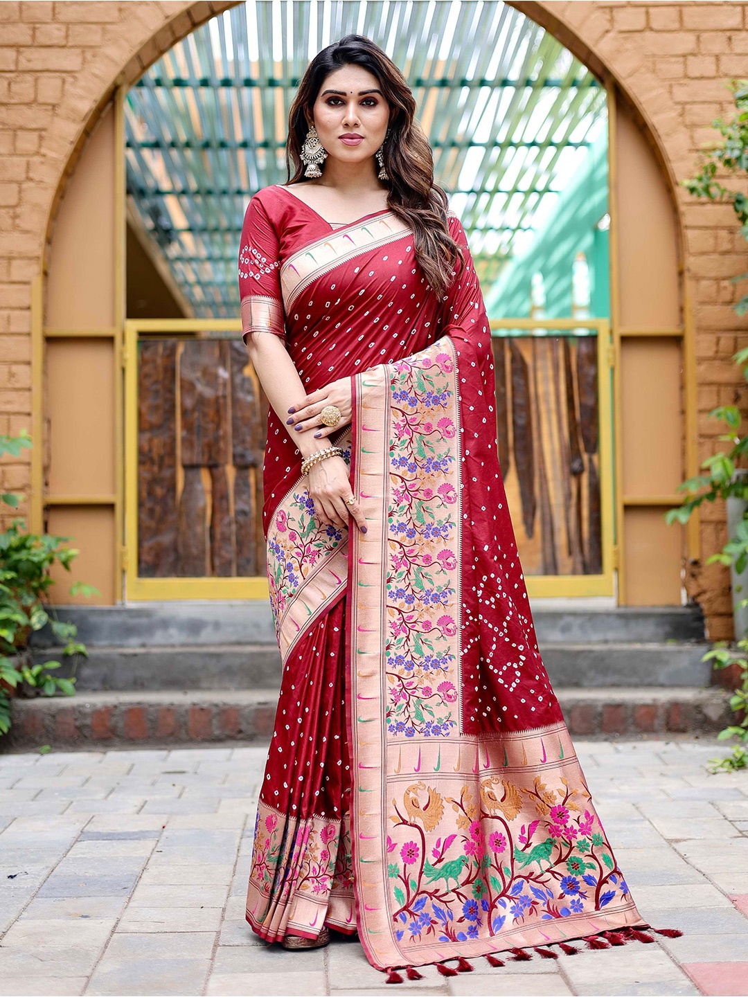 

Mitera Ethnic Motifs Woven Design Bandhani Zari Paithani Saree, Maroon